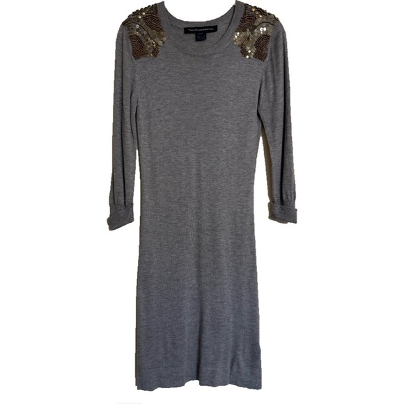 French Connection Gray Sweater Dress Beaded Shoulders Size 6 - Picture 1 of 15